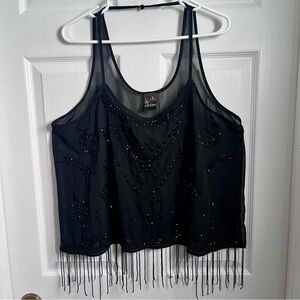 Rock & Shine Top Cami Tank Beads Fringe black Sheer XL Women gatsby sparkly